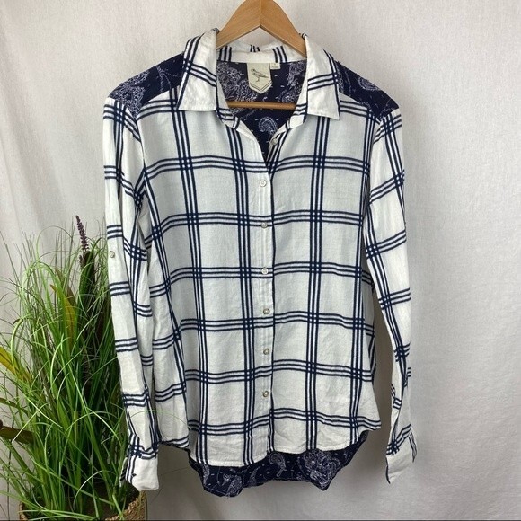 Anthropologie Sparrow Blue & White Plaid Button Up Long Sleeve Top S - Picture 2 of 6